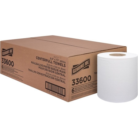 Genuine Joe Centerpull Towel Rolls - White - 600 Sheets Per Roll - 6 / Pack, 6PK GJO33600